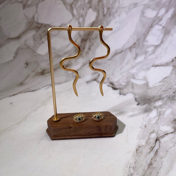 Gold Stainless Steel Snake Drop & Evil Eye Stud Earring Set | 2 Pairs - Picture 1 of 5